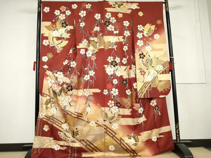 平和屋着物●豪華振袖　駒刺繍　渡り橋風景花蝶文　金銀彩　正絹　逸品　AABL4147cs