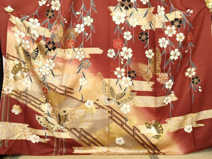 平和屋着物●豪華振袖　駒刺繍　渡り橋風景花蝶文　金銀彩　正絹　逸品　AABL4147cs