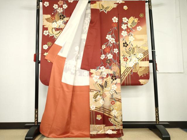 平和屋着物●豪華振袖　駒刺繍　渡り橋風景花蝶文　金銀彩　正絹　逸品　AABL4147cs