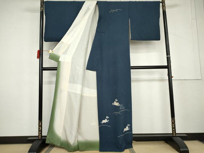 平和屋着物●訪問着　絞り　刺繍　芝に跳び兎　正絹　逸品　AABL4148cs