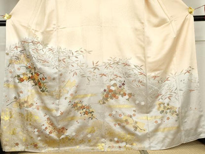 平和屋着物●訪問着　駒刺繍　花筏文　暈し染め　金彩　正絹　逸品　未使用　AABL4153cs