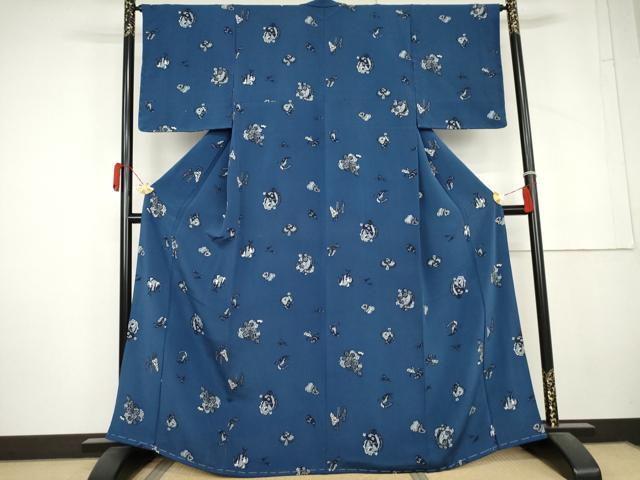 平和屋着物●上質な小紋　藍　型染め　成り物　鬼しぼ縮緬　正絹　逸品　AABL4154cs