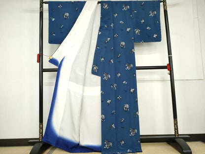 平和屋着物●上質な小紋　藍　型染め　成り物　鬼しぼ縮緬　正絹　逸品　AABL4154cs