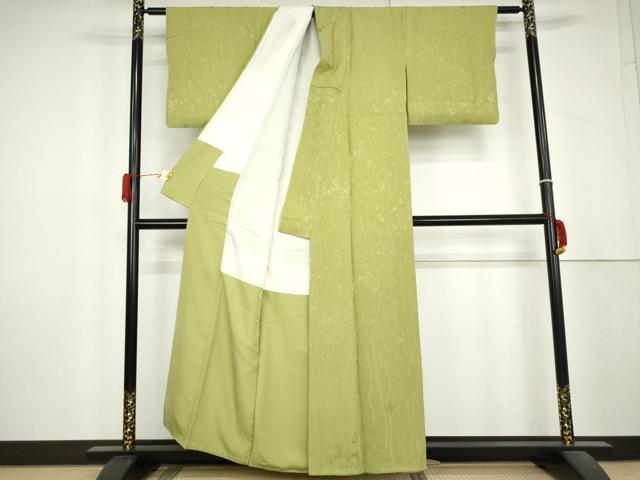 平和屋着物●上質な色無地　枝花地紋　柳色　正絹　逸品　AABL4156cs
