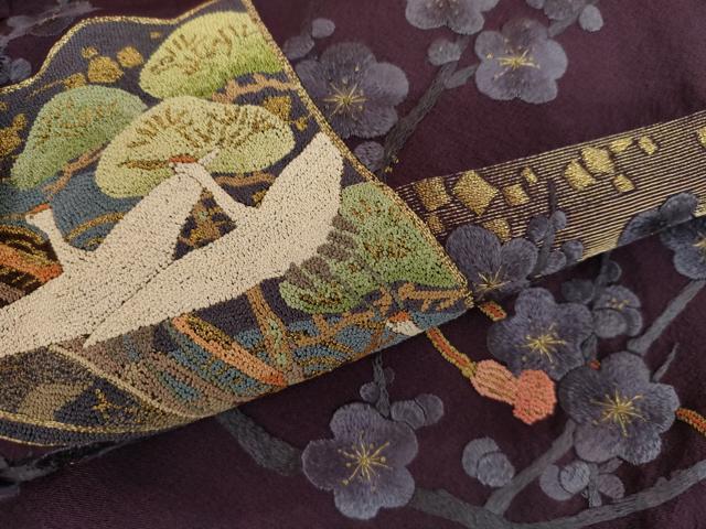平和屋着物●中国三大刺繍　相良刺繍　総刺繍　訪問着　作家物　立波飛鶴梅松文　金糸　正絹　逸品　AABL4157cs