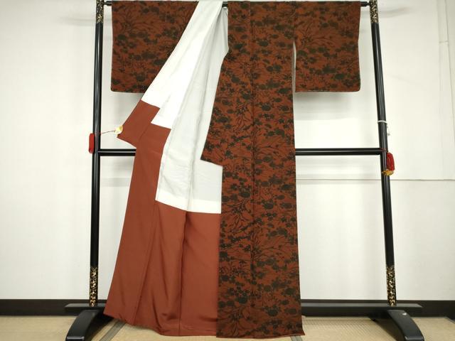 平和屋着物●宮内庁御用達　赤城右堂　小紋　草花文　鬼しぼ縮緬　正絹　逸品　AABL4166cs
