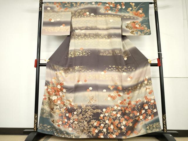 平和屋着物●英王室献上友禅作家　木下勝功　訪問着　駒刺繍　枝花文　暈し染め　金糸　金彩　正絹　逸品　AABL4167cs