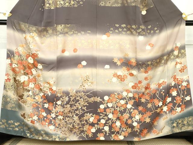 平和屋着物●英王室献上友禅作家　木下勝功　訪問着　駒刺繍　枝花文　暈し染め　金糸　金彩　正絹　逸品　AABL4167cs