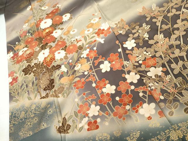 平和屋着物●英王室献上友禅作家　木下勝功　訪問着　駒刺繍　枝花文　暈し染め　金糸　金彩　正絹　逸品　AABL4167cs