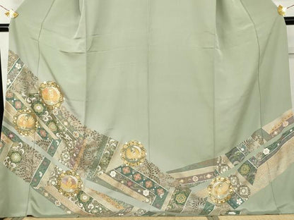 平和屋着物●豪華色留袖　駒刺繍　鳳凰更紗花文　暈し染め　金彩　ロング丈　正絹　逸品　AABL4178cs