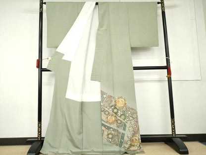 平和屋着物●豪華色留袖　駒刺繍　鳳凰更紗花文　暈し染め　金彩　ロング丈　正絹　逸品　AABL4178cs
