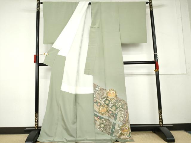 平和屋着物●豪華色留袖　駒刺繍　鳳凰更紗花文　暈し染め　金彩　ロング丈　正絹　逸品　AABL4178cs