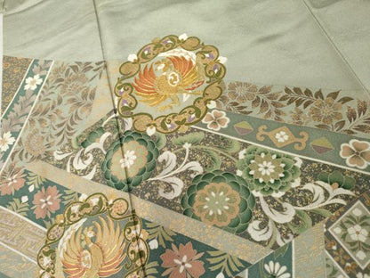 平和屋着物●豪華色留袖　駒刺繍　鳳凰更紗花文　暈し染め　金彩　ロング丈　正絹　逸品　AABL4178cs