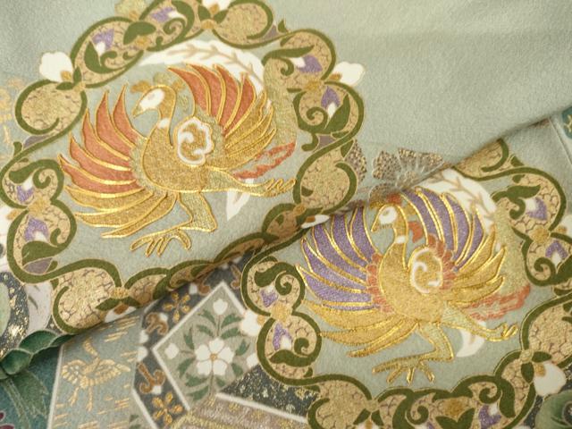 平和屋着物●豪華色留袖　駒刺繍　鳳凰更紗花文　暈し染め　金彩　ロング丈　正絹　逸品　AABL4178cs