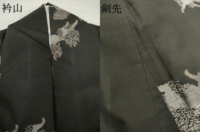 平和屋着物●本場大島紬　純泥染　9マルキ　地空き　唐獅子　黒地　証紙付き　正絹　逸品　AABL4179cs