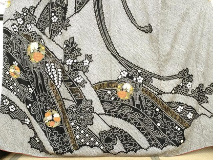 平和屋着物●訪問着　総絞り　刺繍　御所車花丸文　黒地　金糸　金彩　そごう扱い　正絹　逸品　AABL4181cs