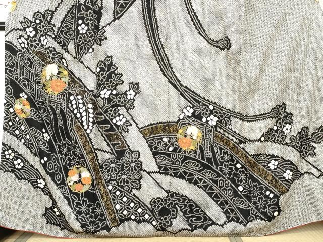 平和屋着物●訪問着　総絞り　刺繍　御所車花丸文　黒地　金糸　金彩　そごう扱い　正絹　逸品　AABL4181cs