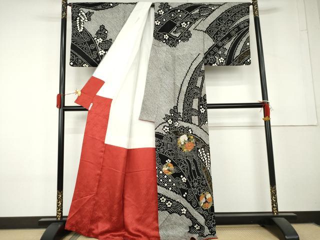 平和屋着物●訪問着　総絞り　刺繍　御所車花丸文　黒地　金糸　金彩　そごう扱い　正絹　逸品　AABL4181cs