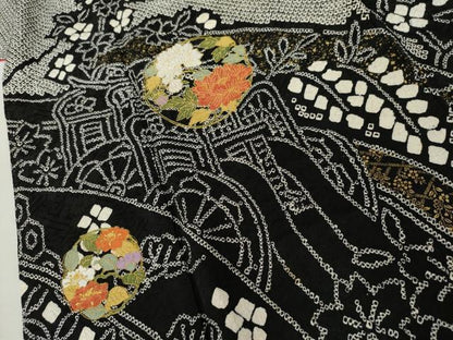 平和屋着物●訪問着　総絞り　刺繍　御所車花丸文　黒地　金糸　金彩　そごう扱い　正絹　逸品　AABL4181cs