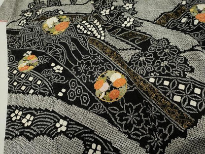 平和屋着物●訪問着　総絞り　刺繍　御所車花丸文　黒地　金糸　金彩　そごう扱い　正絹　逸品　AABL4181cs