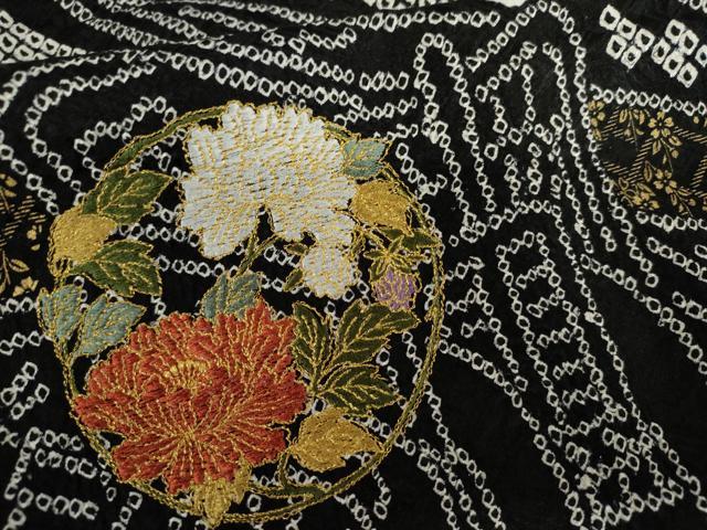 平和屋着物●訪問着　総絞り　刺繍　御所車花丸文　黒地　金糸　金彩　そごう扱い　正絹　逸品　AABL4181cs