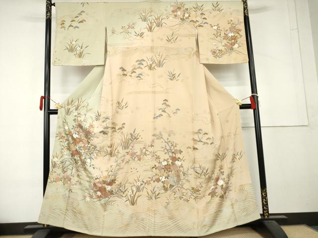 平和屋着物●訪問着　駒刺繍　雪輪流水枝花文　花都　暈し染め　金銀彩　正絹　逸品　AABL4183cs