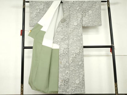 平和屋着物●山岡古都・古都染人　染織美術品　薬墨染　天目織　お召　飛鶴雪輪草花文　正絹　逸品　AABL4186cs