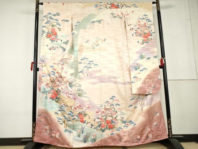 平和屋着物●豪華振袖　駒刺繍　貝桶鳳凰草花文　暈し染め　金彩　三越扱い　正絹　逸品　AABL4192cs