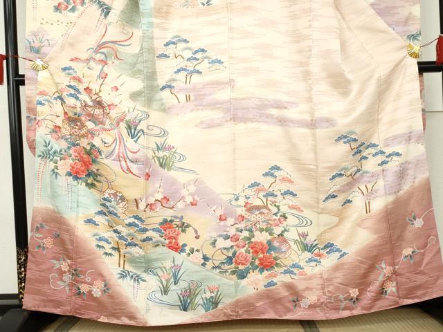 平和屋着物●豪華振袖　駒刺繍　貝桶鳳凰草花文　暈し染め　金彩　三越扱い　正絹　逸品　AABL4192cs