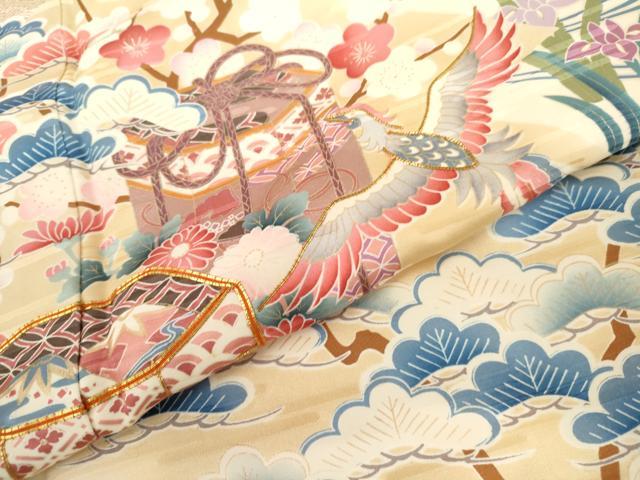 平和屋着物●豪華振袖　駒刺繍　貝桶鳳凰草花文　暈し染め　金彩　三越扱い　正絹　逸品　AABL4192cs