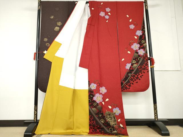 平和屋着物●豪華振袖　絞り　御所車花文　金糸　金彩　金通し地　ロング丈　正絹　逸品　AABL4195cs