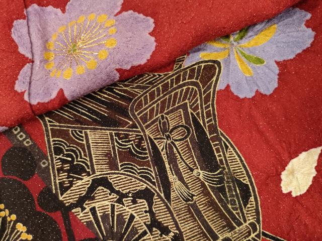 平和屋着物●豪華振袖　絞り　御所車花文　金糸　金彩　金通し地　ロング丈　正絹　逸品　AABL4195cs