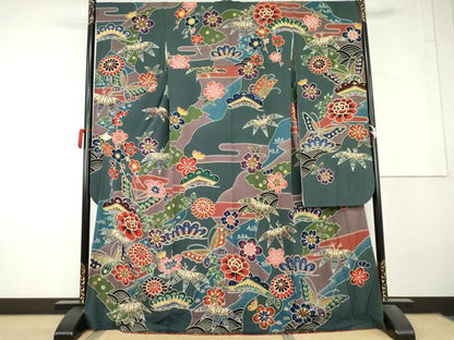 平和屋着物●紅型　振袖　花蝶文　ロング丈　正絹　逸品　AABL4205cs