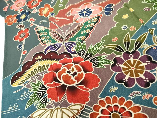 平和屋着物●紅型　振袖　花蝶文　ロング丈　正絹　逸品　AABL4205cs