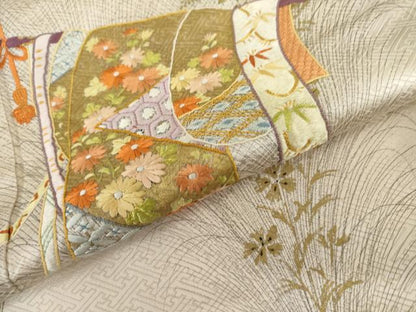 平和屋着物●訪問着　刺繍　誰が袖花文　金糸　金彩　正絹　逸品　AABL4207cs
