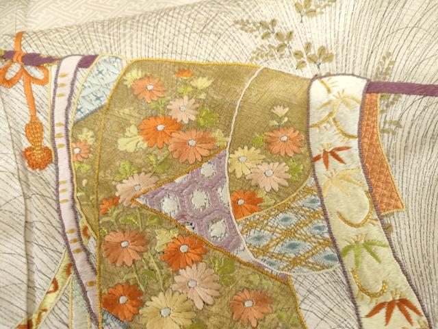 平和屋着物●訪問着　刺繍　誰が袖花文　金糸　金彩　正絹　逸品　AABL4207cs