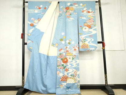 平和屋着物●豪華振袖　駒刺繍　流水風景草花文　金彩　正絹　逸品　AABL4210cs