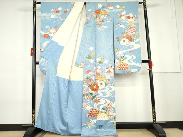 平和屋着物●豪華振袖　駒刺繍　流水風景草花文　金彩　正絹　逸品　AABL4210cs