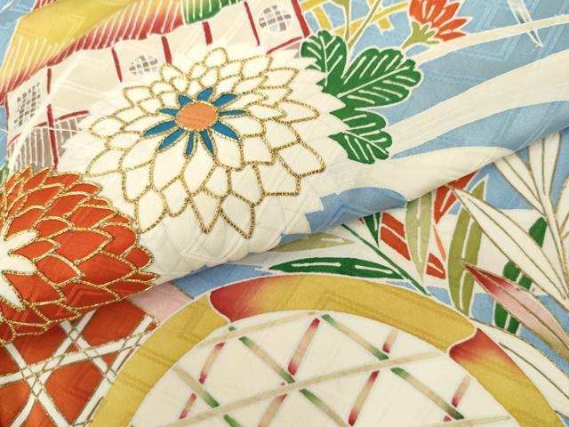 平和屋着物●豪華振袖　駒刺繍　流水風景草花文　金彩　正絹　逸品　AABL4210cs
