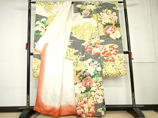 平和屋着物●豪華振袖　駒刺繍　花丸文　たたき染め　正絹　逸品　AABL4211cs
