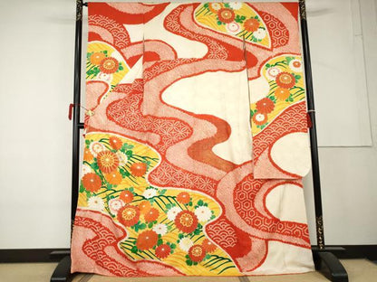 平和屋着物●豪華振袖　絞り　駒刺繍　立波草花文　金彩　正絹　逸品　AABL4213cs