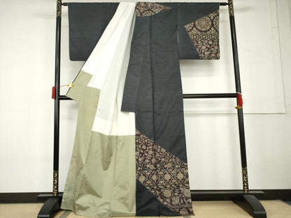 平和屋着物●中国三大刺繍　汕頭刺繍　スワトウ刺繍　相良刺繍　総刺繍　本場大島紬　染大島　訪問着　更紗花唐草文　正絹 逸品 AABL4215cs