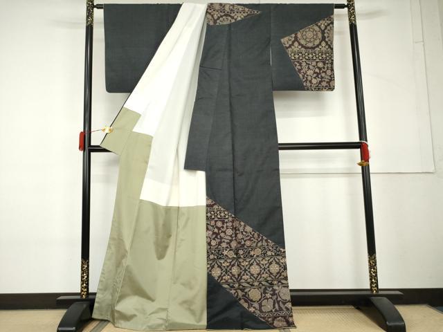 平和屋着物●中国三大刺繍　汕頭刺繍　スワトウ刺繍　相良刺繍　総刺繍　本場大島紬　染大島　訪問着　更紗花唐草文　正絹 逸品 AABL4215cs