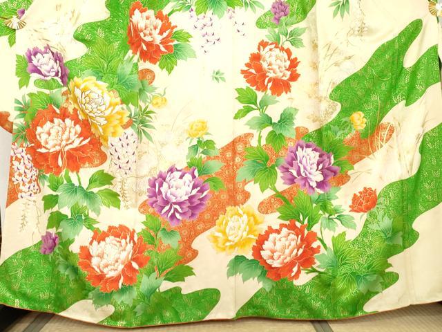 平和屋着物●豪華振袖　駒刺繍　枝花文　金彩　正絹　逸品　AABL4225cs