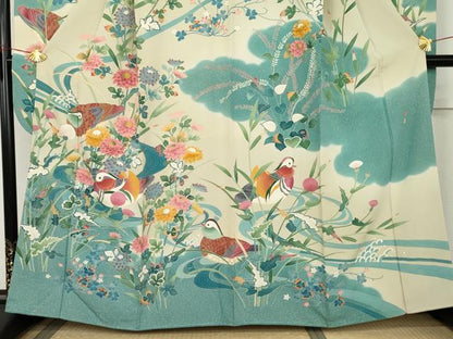 平和屋着物●京加賀友禅　松本健一　振袖　流水鴛鴦草花文　正絹　逸品　AABL4226cs