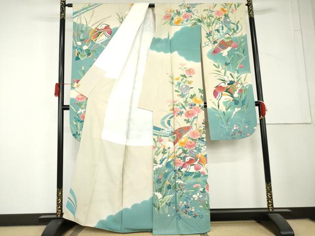 平和屋着物●京加賀友禅　松本健一　振袖　流水鴛鴦草花文　正絹　逸品　AABL4226cs