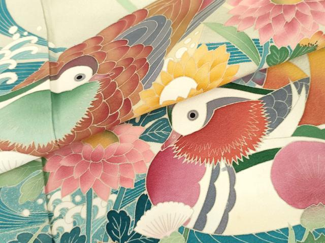 平和屋着物●京加賀友禅　松本健一　振袖　流水鴛鴦草花文　正絹　逸品　AABL4226cs