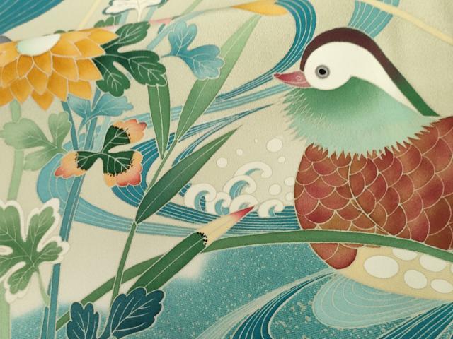平和屋着物●京加賀友禅　松本健一　振袖　流水鴛鴦草花文　正絹　逸品　AABL4226cs