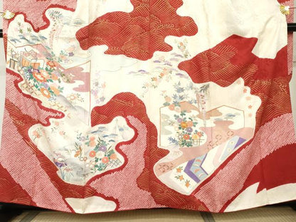 平和屋着物●豪華振袖　絞り　駒刺繍　御所車鴛鴦花文　金彩　正絹　逸品　AABL4229cs