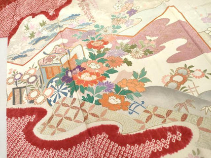平和屋着物●豪華振袖　絞り　駒刺繍　御所車鴛鴦花文　金彩　正絹　逸品　AABL4229cs